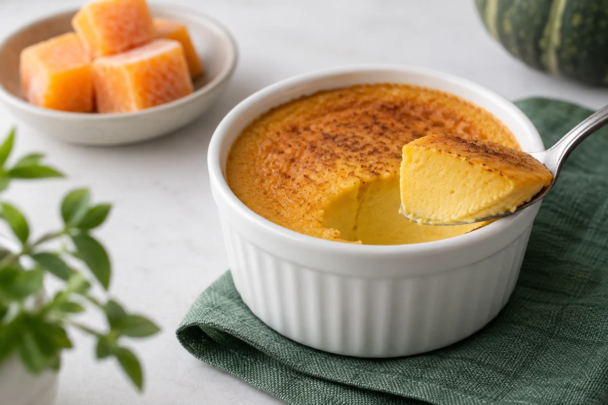 Crustless baked pumpkin custard in a portion cup with a spoon cut