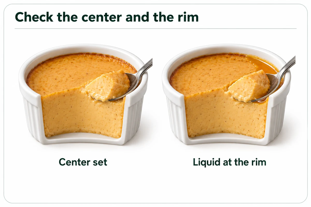 Illustrated cutaway of pumpkin custard showing center set and liquid at the rim