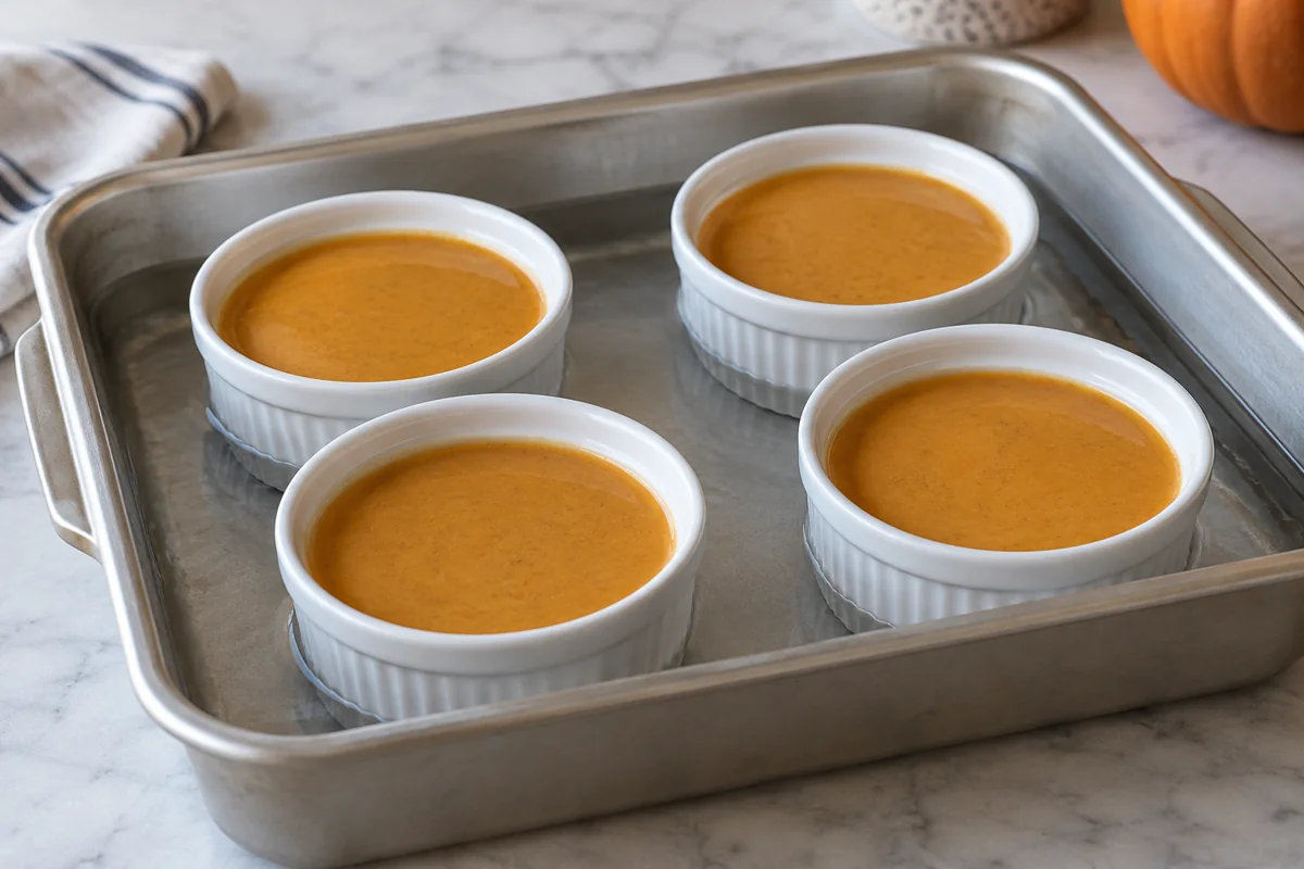 Pumpkin custard portion cups set in a water bath before baking