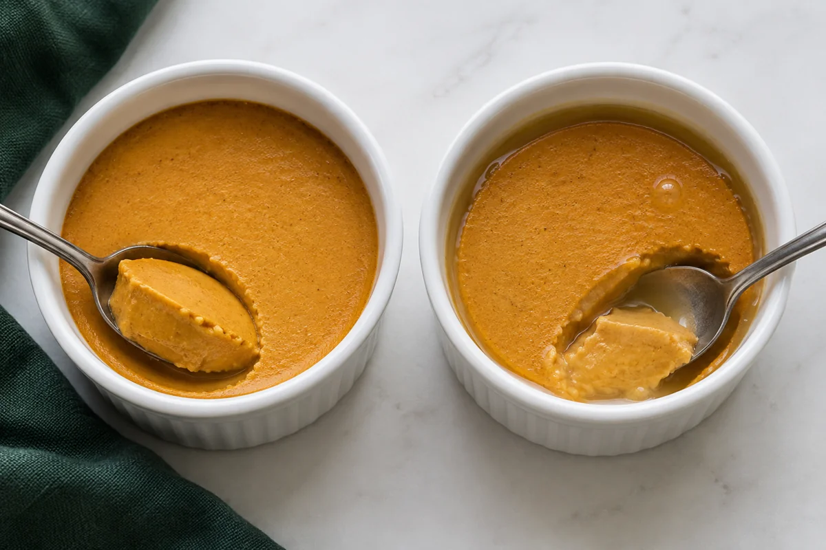 Smooth chilled pumpkin custard compared with a cup showing a water ring